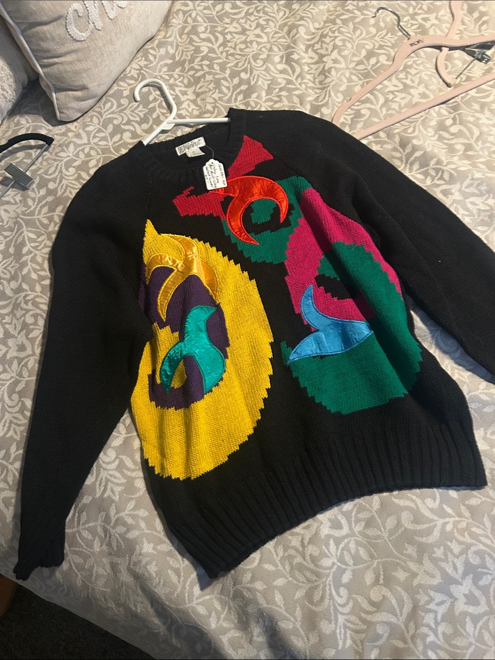 mine Black Crewneck Sweater with Multicolor Abstract Appliqué